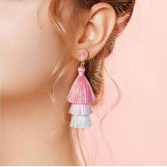 14K Yellow Gold with Pink White Ombre Silk Thread Tassel Quartz Druzy Earrings - Picture 4 of 9